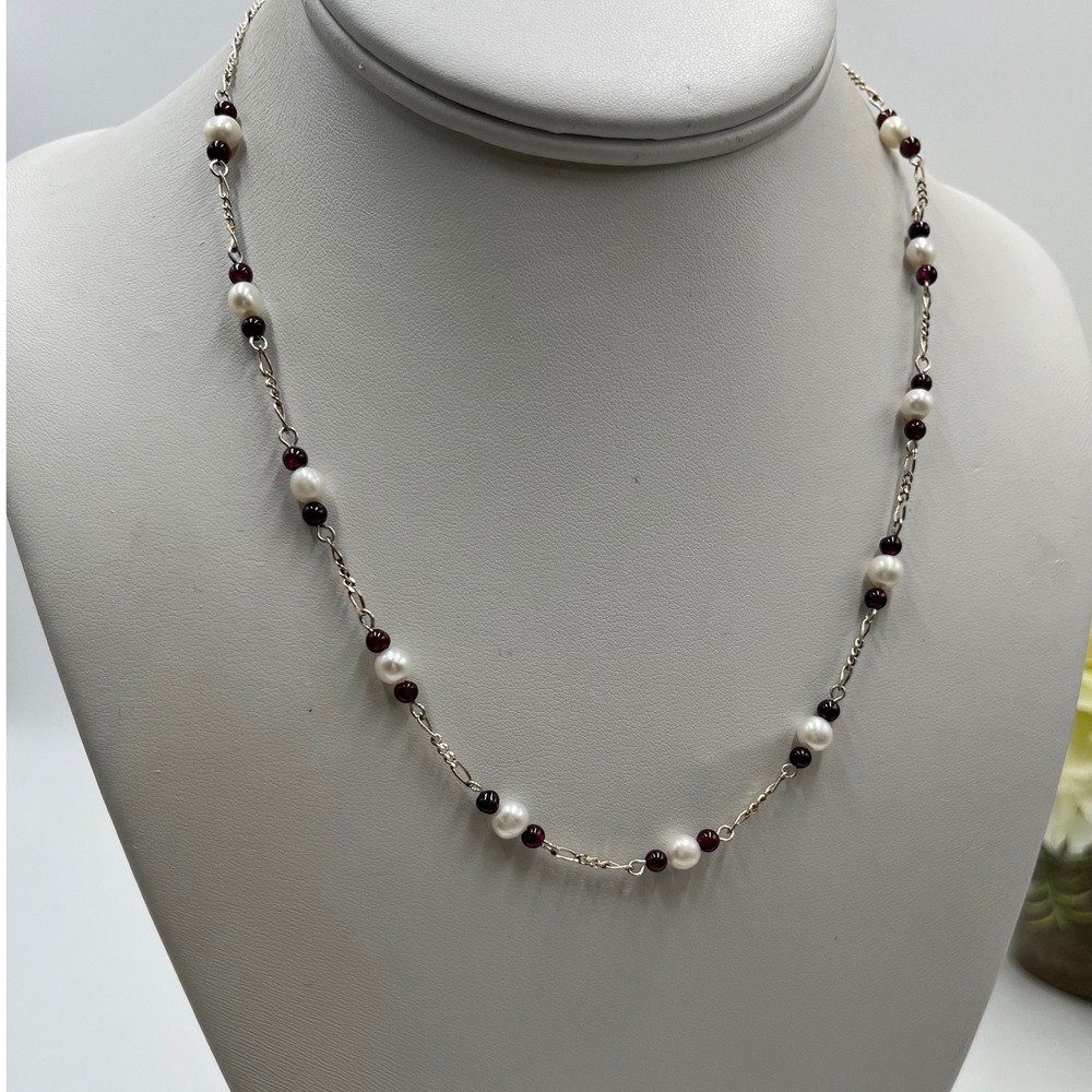 Vintage Sterling Silver Freshwater Pearl Red Garnet Tin Cup Station Necklace 17"
